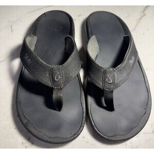 Olukai Ohana Flip Flops Mens 13 Black Gray Leather Beach Comfort Sandals Slip On